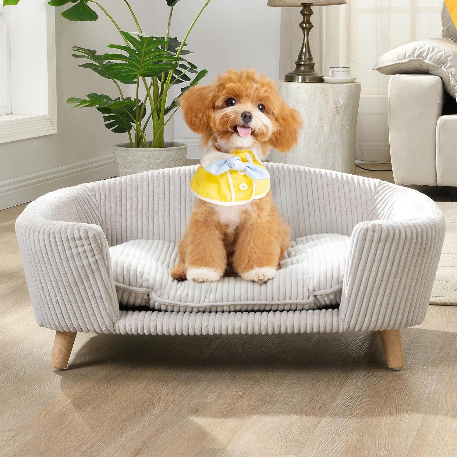 30''inch Bed Frame for Large Dogs, Modern Pet Sofa, Elevated Dog Couch Bed with Wooden Legs, Oval Small Dog Bed, Cozy Tufted Cushion Pet Furniture (Beige)